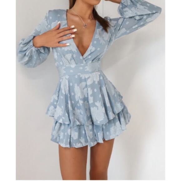 Mi ami Pants - Mi Ami by Francesca’s Brandie Floral Jacquard Romper Light Blue S